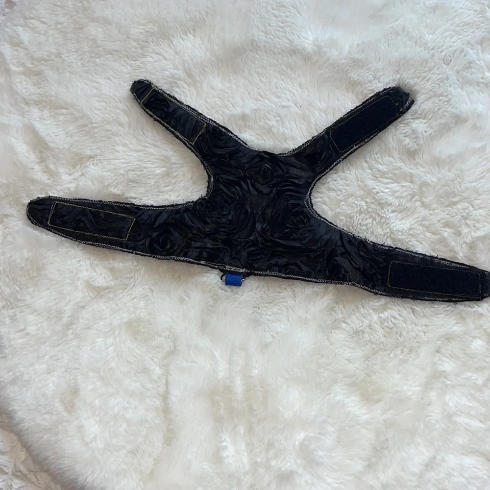 Reversible cat harness hand crafted by me black colors polyester and multi color
